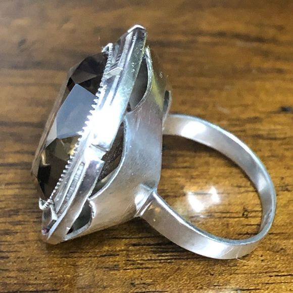 Faceted Smokey Quartz and Sterling Silver Vintage Cocktail Ring Size 6 - Picture 4 of 9